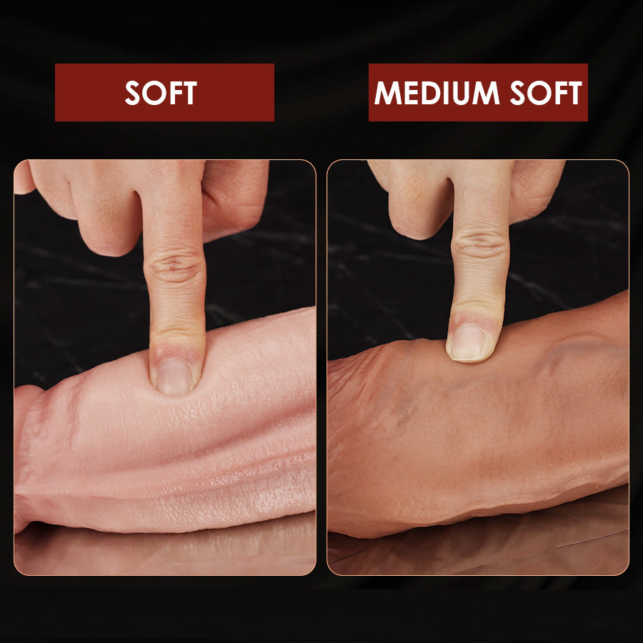 Fingers squeezing dildo products of different hardness